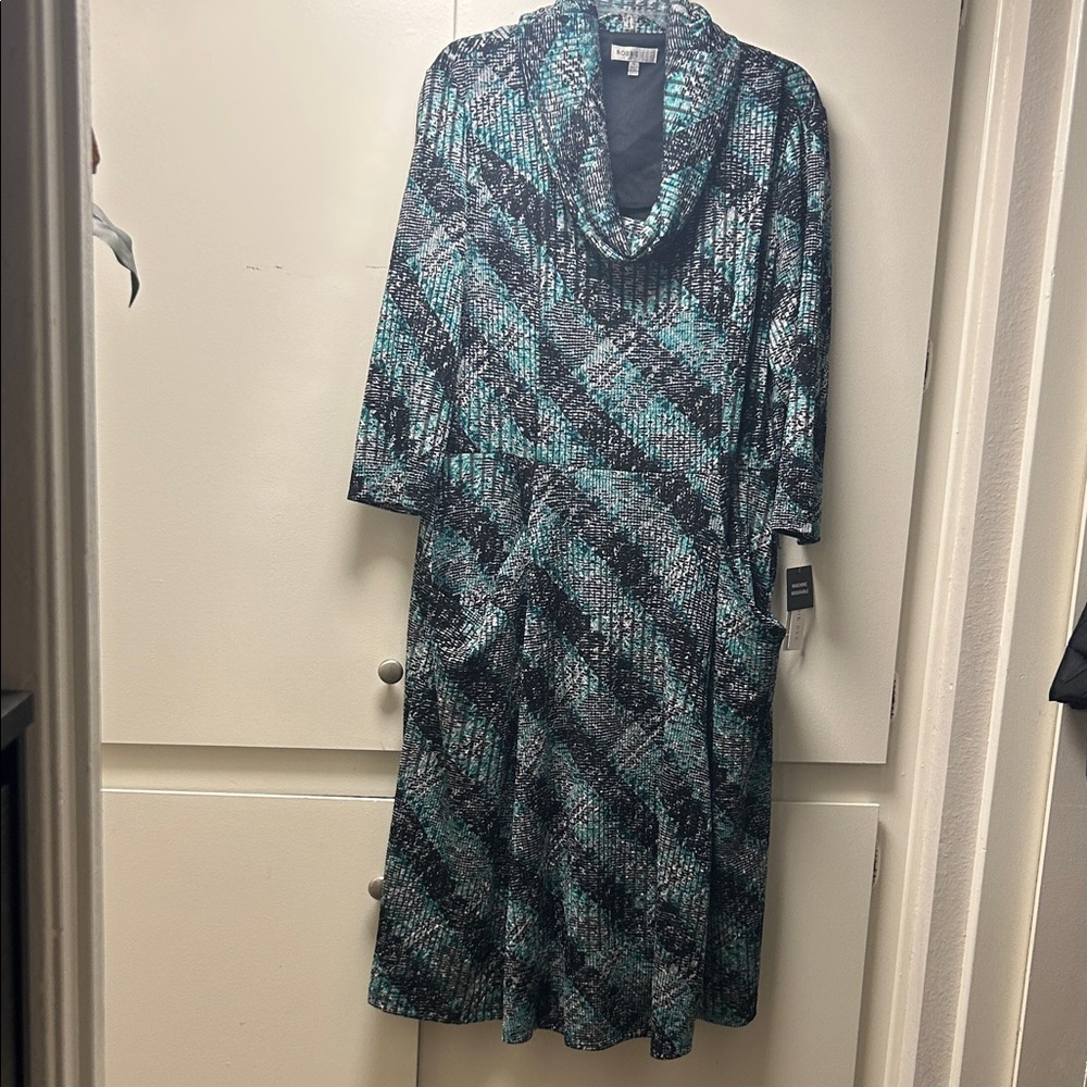 Robbie Bee Teal Black Printed Long Sleeve Dress